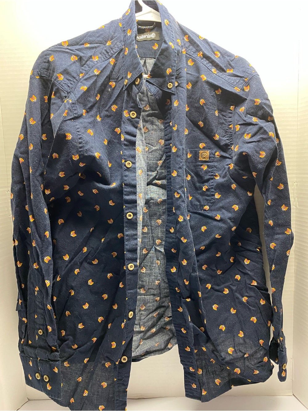 Casual Navy Dress Shirt with Orange Micro Motif